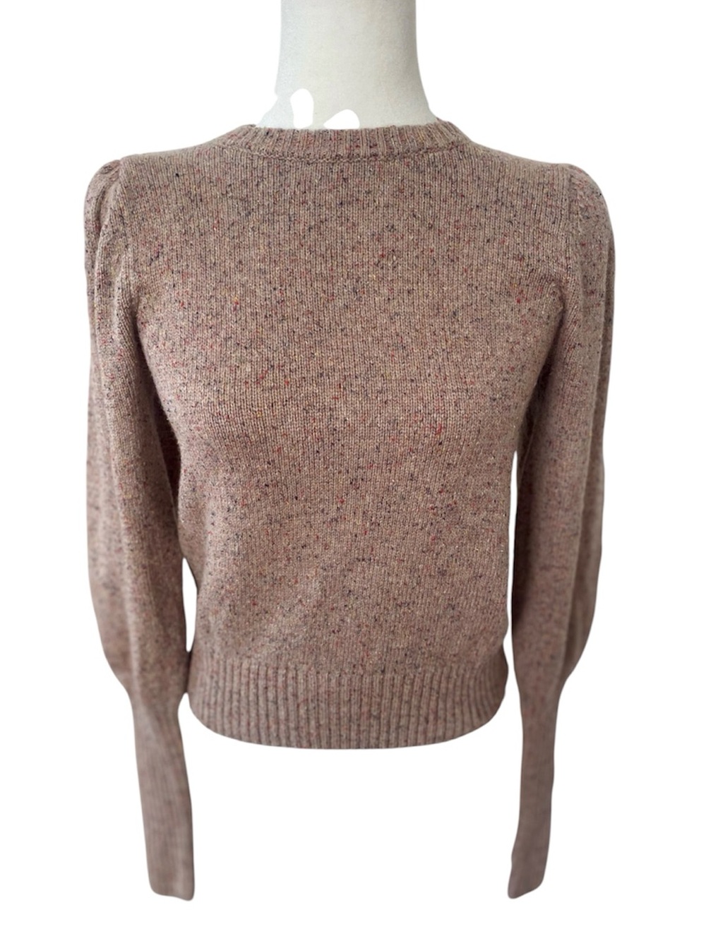 The Bright Side Wool Silk Sweater XS Tan Brown Speckled Puff Sleeve Cropped